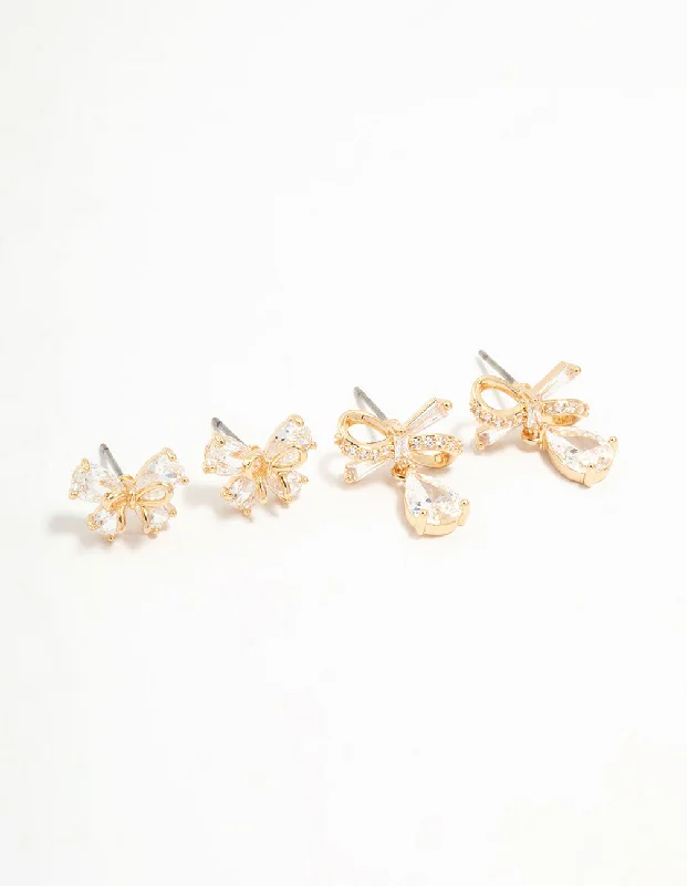 Stud Earrings with Filigree -Gold Cubic Zirconia Bow Stud Earrings 2-Pack