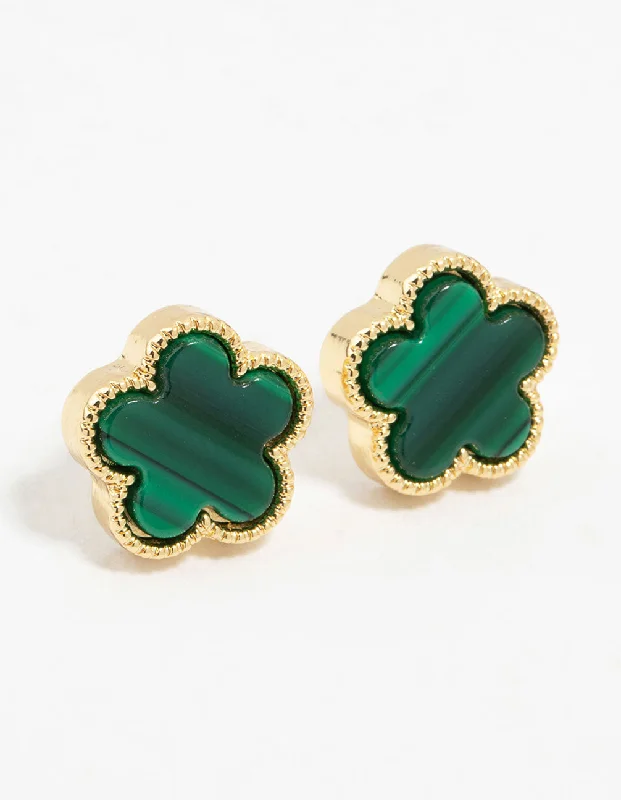 Multi Stud Earrings with Chains -Gold Plated Emerald Clover Stud Earrings