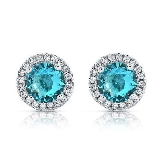 Stud Earrings with Crystals -Halo Cz Aquamarine Stud Earrings White Sterling Silver Filled High Polish Finish