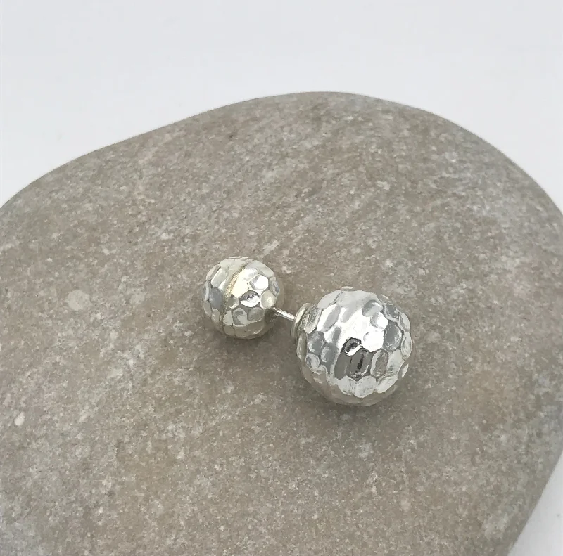 Stud Earrings with Etching -Sterling Silver Hammered Front Back Stud Earrings