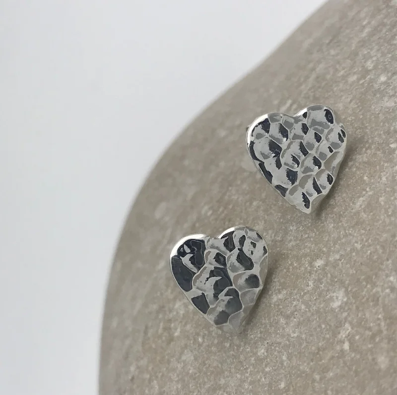 Stud Earrings with Polished Shine -Sterling Silver Hammered Heart Stud Earrings