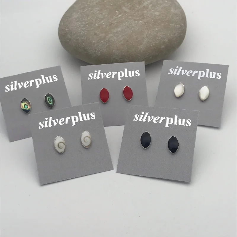 Stud Earrings for Bridesmaids Look -Sterling Silver Inlaid Pointed Oval Stud Earrings