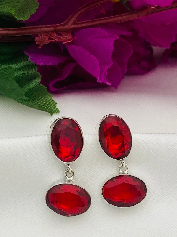 Stud Earrings with Wave Designs -Gorgeous Red Stone Beaded German Silver Plated Oxidized Stud Earrings