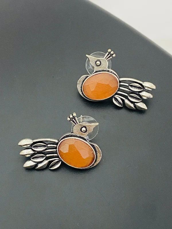 Double Stud Earrings for Impact -Fascinating Orange Stone Beaded German Silver Toned Oxidized Peacock Stud Earrings