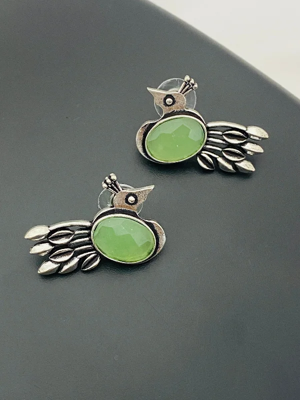 Screw Back Stud Earrings for Security -Alluring Light Green Stoned Silver Replica Oxidized Peacock Designer Stud Earrings