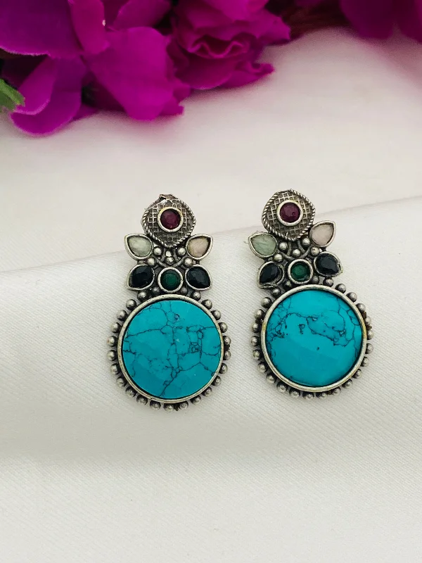 Stud Earrings with Star Motifs -Stunning Turquoise Blue Stone Studded Leaf Designed Round Shaped Silver Toned Oxidized Stud Earrings