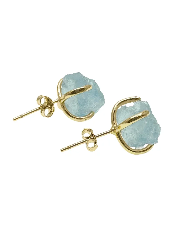 Stud Earrings for Wellness Routine -Unpolished Aquamarine Stone Stud Earrings LE018