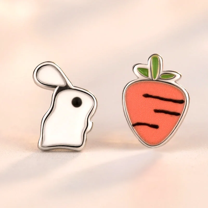 Nickel Free Stud Earrings for Safety -LOVCIA Adorable Asymmetric Rabbit and Carrot 925 Sterling Silver Stud Earrings for Women