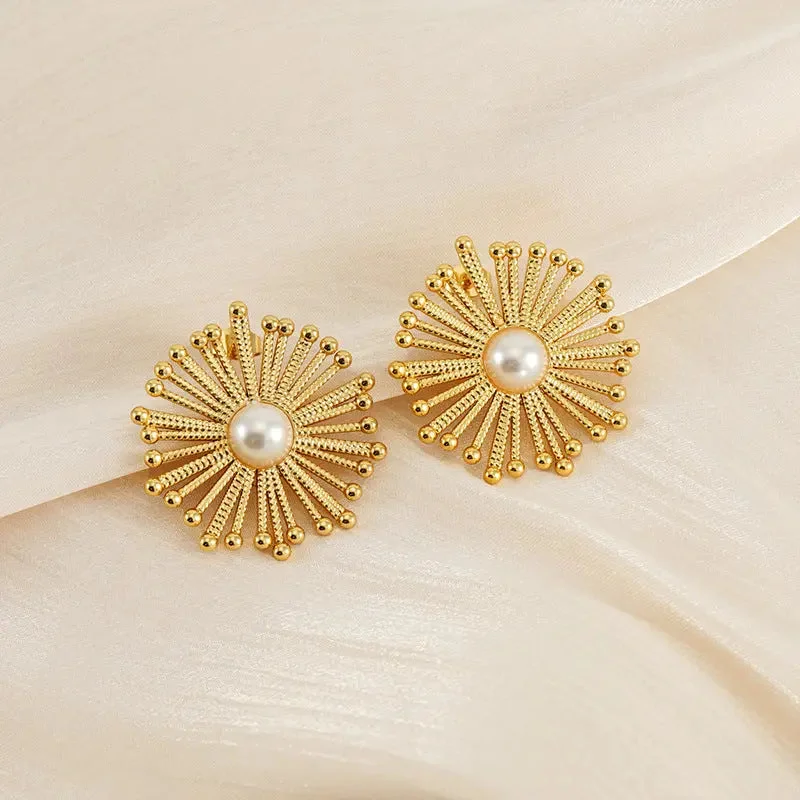 Stud Earrings for Everyday Glamour -LOVCIA Elegant Gold-Plated Pearl Flower Stud Earrings for Women