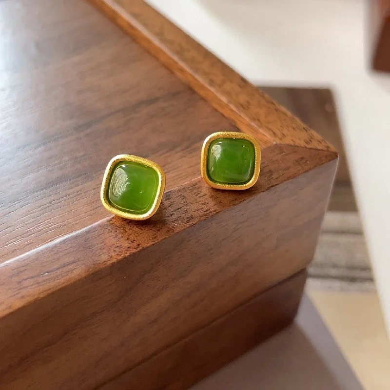 Stud Earrings with Abstract Designs -LOVCIA Elegant Hotan Jade Sterling Silver Stud Earrings for Women