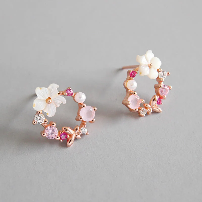 Gemstone Stud Earrings for Color -LOVCIA Elegant Pink CZ Shell Flower Garland 925 Sterling Silver Rose Gold Stud Earrings for Women