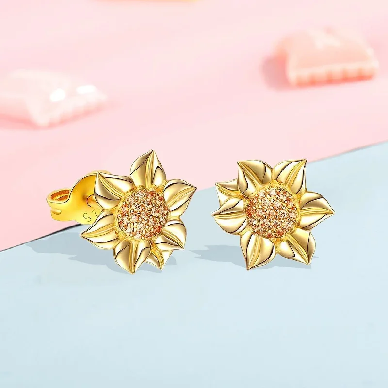 Adjustable Stud Earrings for Custom Fit -LOVCIA Elegant Sunflower Sterling Silver Diamond Stud Earrings for Women