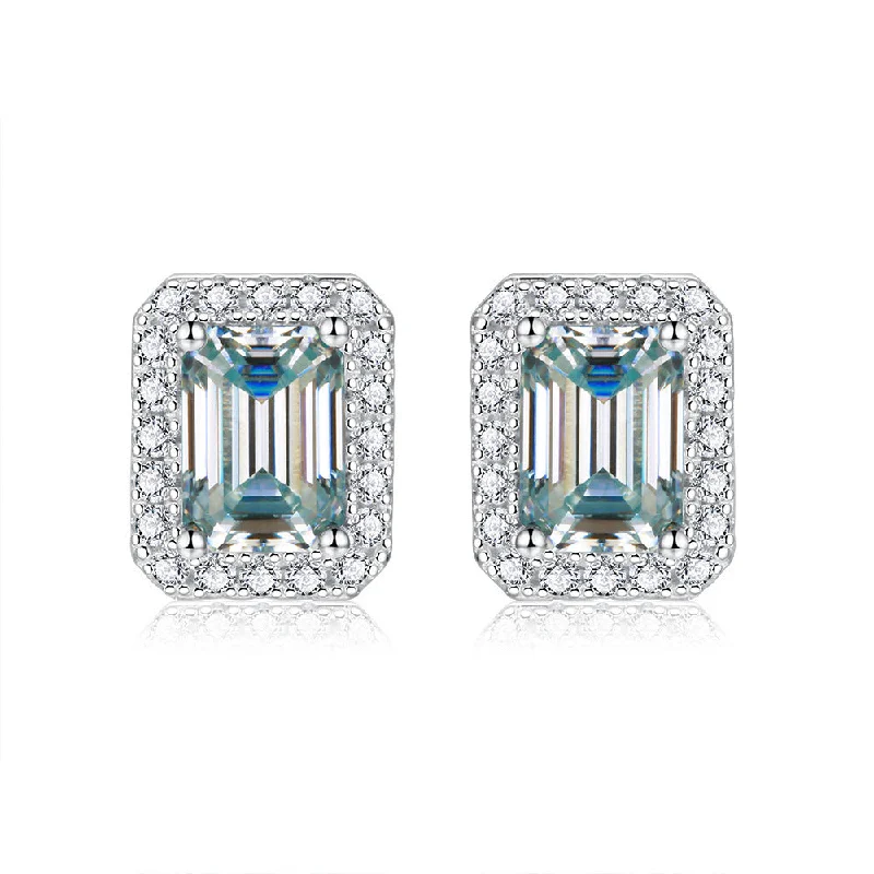 Screw Back Stud Earrings for Security -LOVCIA Elegant Unisex Moissanite Emerald Cut Stud Earrings in Silver