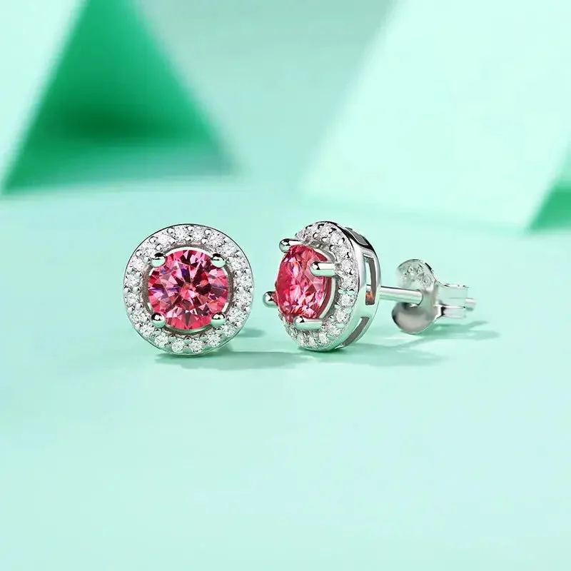 Stud Earrings for Everyday Glamour -LOVCIA Girl Pink Round Moissanite CZ 925 Sterling Silver Stud Earrings