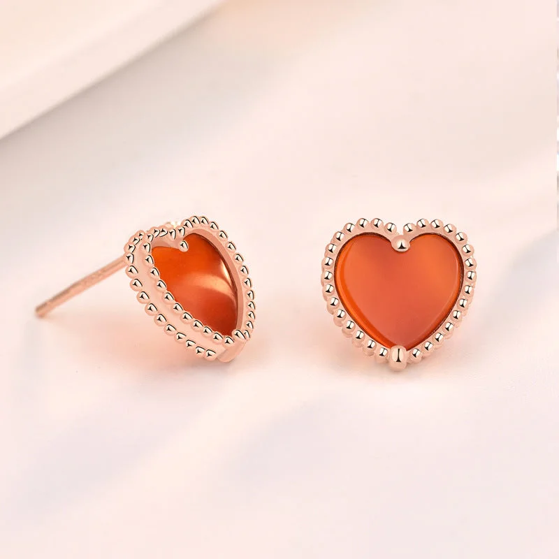 Indian Stud Earrings with Intricacy -LOVCIA Natural Red Agate Heart Stud Earrings for Women in Rose Gold-Plated 925 Sterling Silver