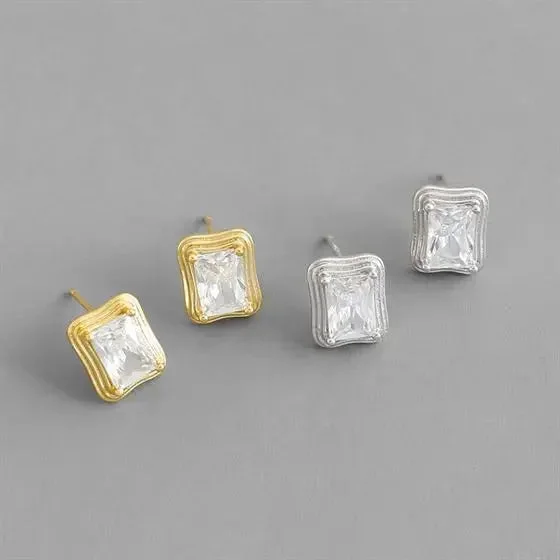 Waterproof Stud Earrings for Outdoor -LOVCIA Office Geometry CZ Rectangle 925 Sterling Silver Stud Earrings