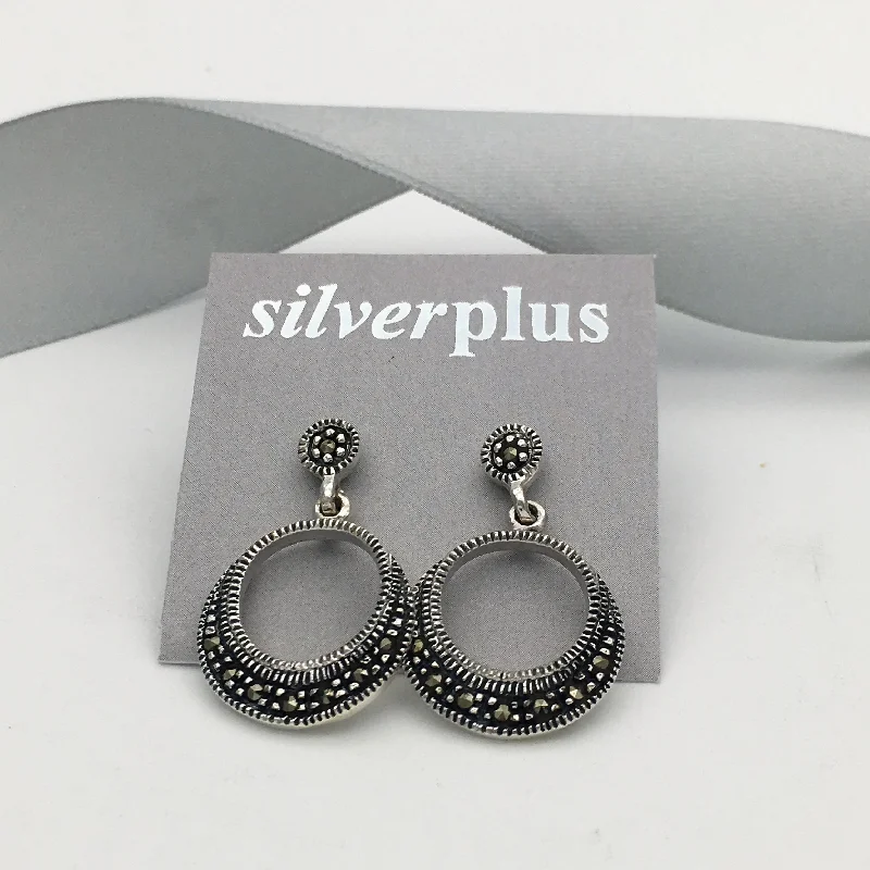 Stud Earrings with Rhinestones -Sterling Silver Marcasite Offset Cut Out Circle Stud Earrings