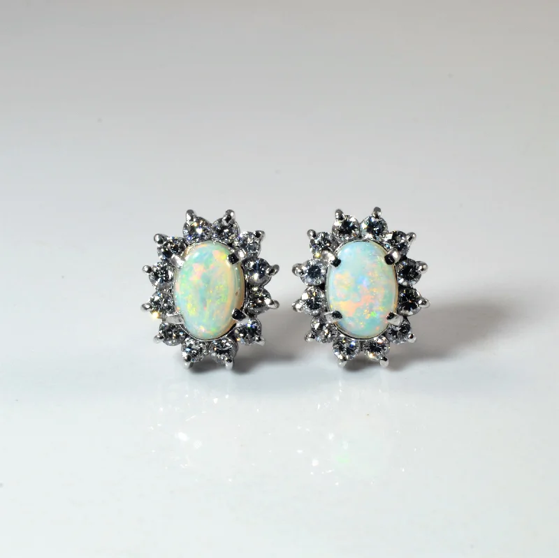 Retro Stud Earrings for Nostalgia -Opal & Halo Diamond Stud Earrings | 1.00ctw, 0.50ctw |