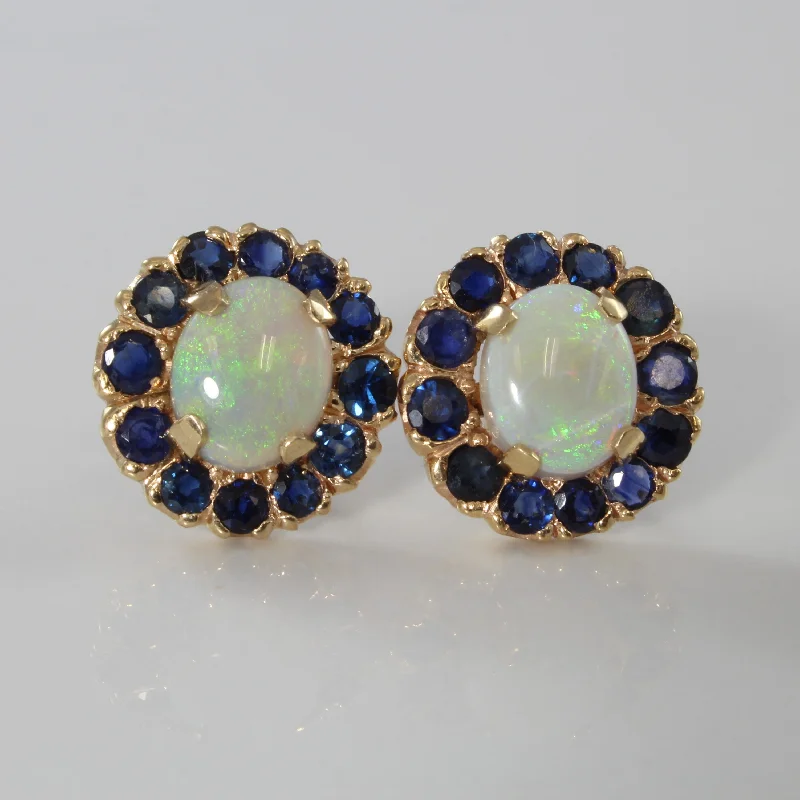 Stud Earrings for Christmas Party -Opal & Sapphire Halo Stud Earrings | 3.20ctw, 3.36ctw |