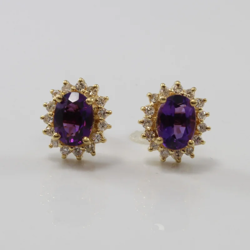 Stud Earrings for Party Look -Oval Amethyst & Diamond Halo Stud Earrings | 1.30ctw, 0.30ctw |