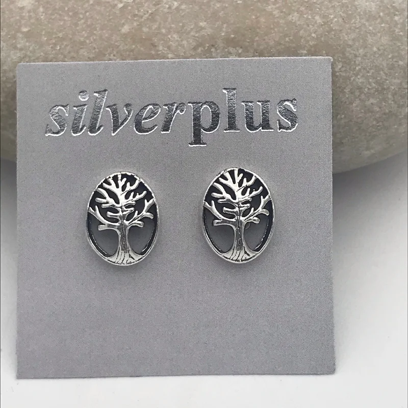 Punk Stud Earrings with Spikes -Sterling Silver Oval Tree of Life Stud Earrings