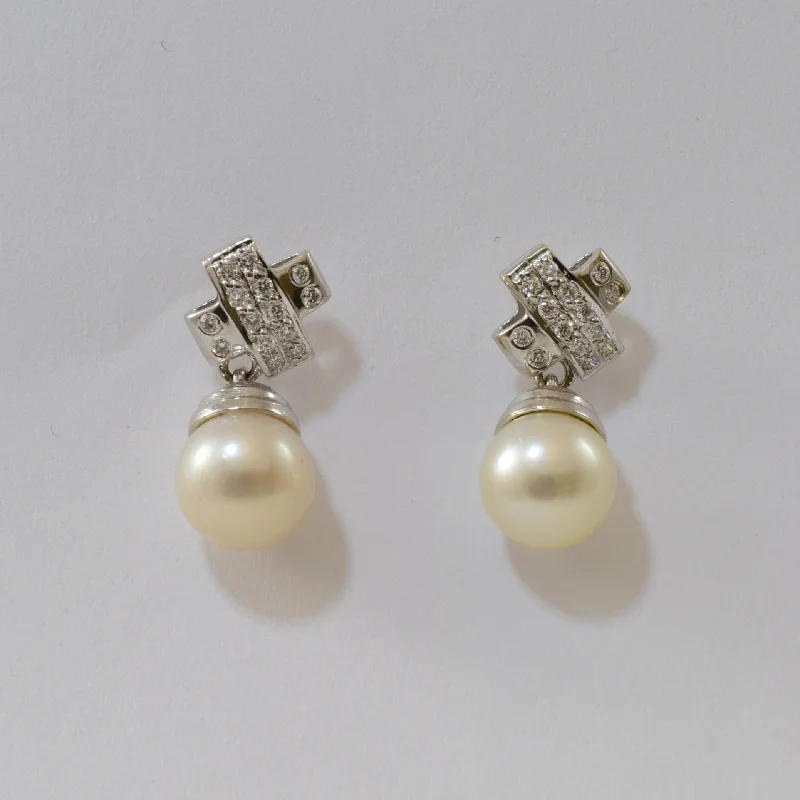 Gold Stud Earrings for Women -Diamond 'X' Pearl Drop Stud Earrings | 10.30ctw, 0.20ctw |