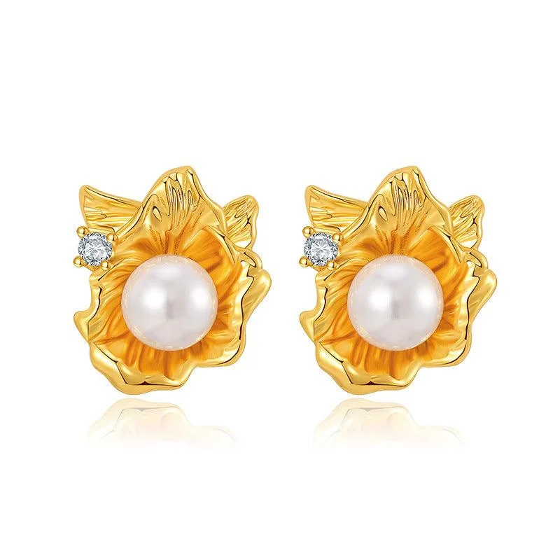 Stud Earrings with Debossed Designs -Pearl Floral Stud Earrings