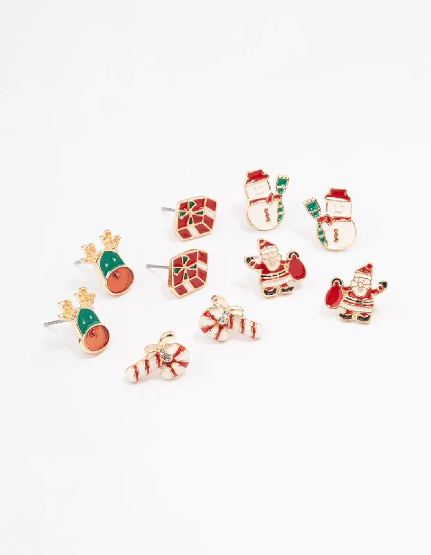 Stud Earrings for Anniversary -Present & Candy Cane Enamel Stud Earrings 5-Pack