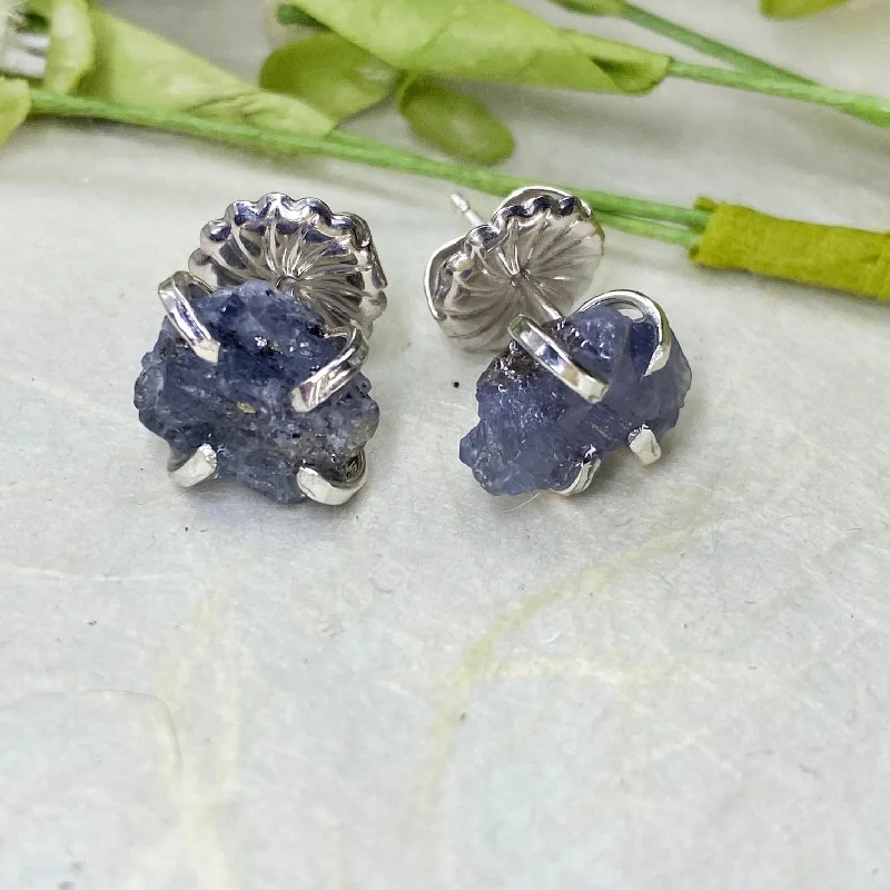 Stud Earrings with Embossed Patterns -Raw Tanzanite Stud Earrings