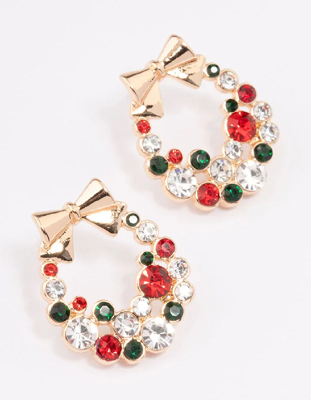 Detachable Stud Earrings with Charms -Red & Green Diamante Wreath Stud Earrings