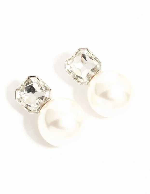 Stud Earrings with Matte Finish -Silver Diamante & Pearl Stud Earrings