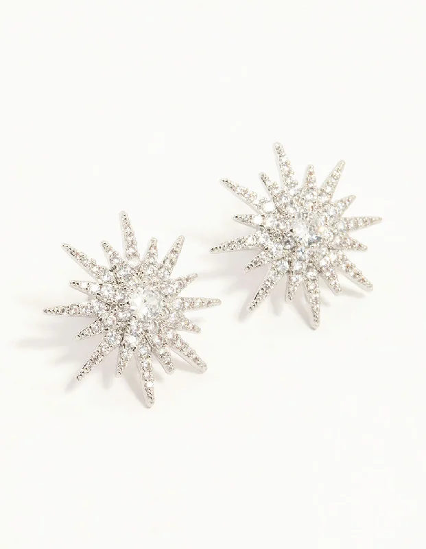 Gothic Stud Earrings with Dark Tone -Silver Cubic Zirconia Spiky Star Stud Earrings