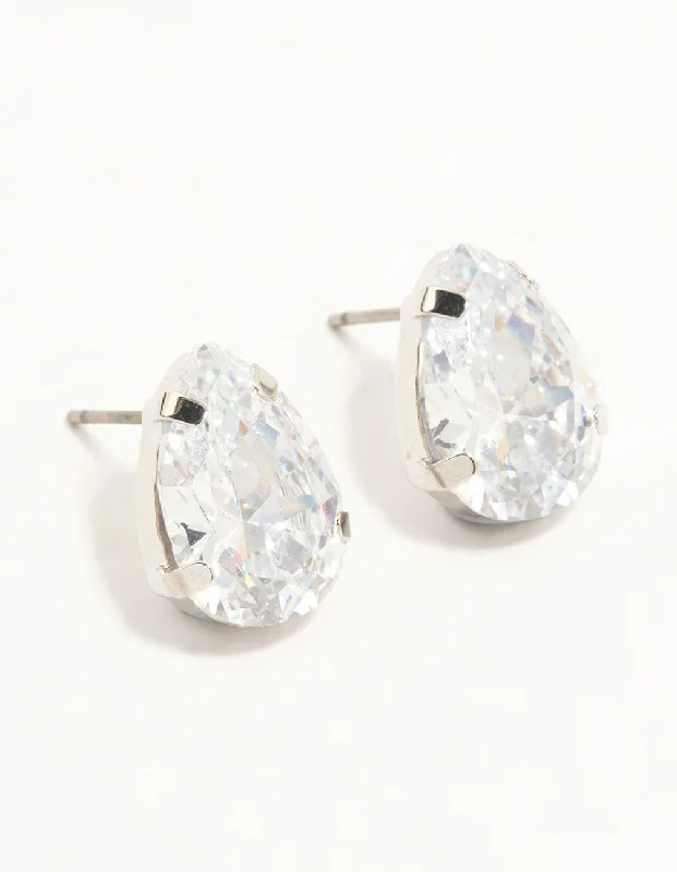 Leverback Stud Earrings for Comfort -Silver Large Teardrop Cubic Zirconia Stud Earrings