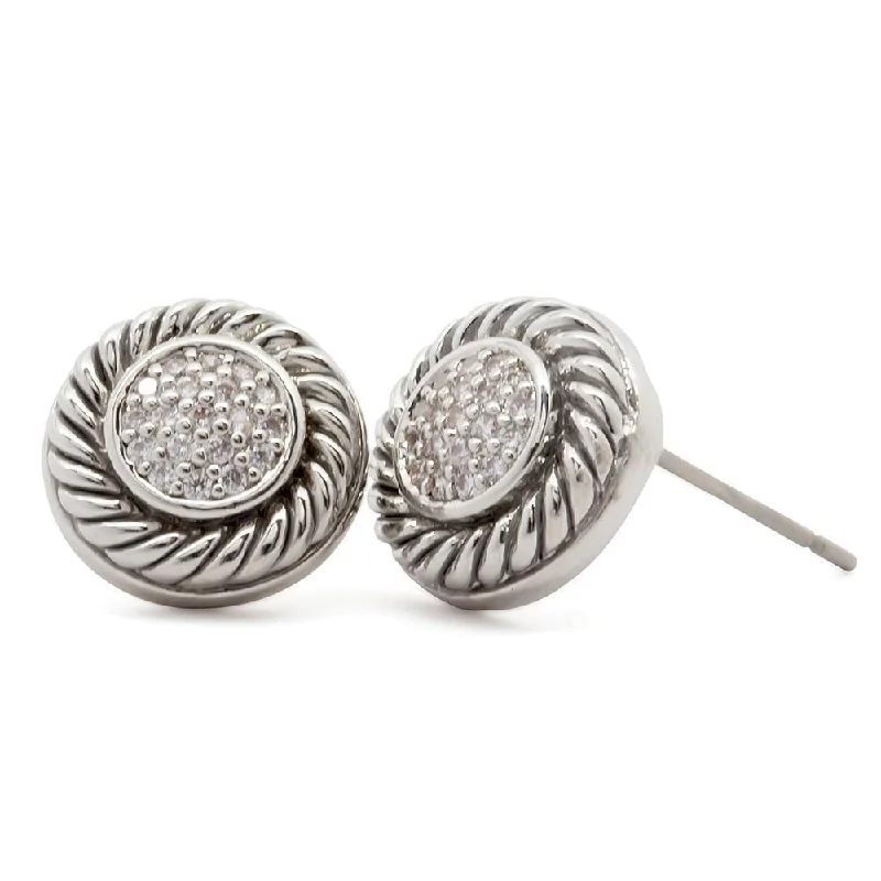 Stud Earrings with Wave Designs -Rhodium Plated Cubic Zirconia Round Stud Earrings