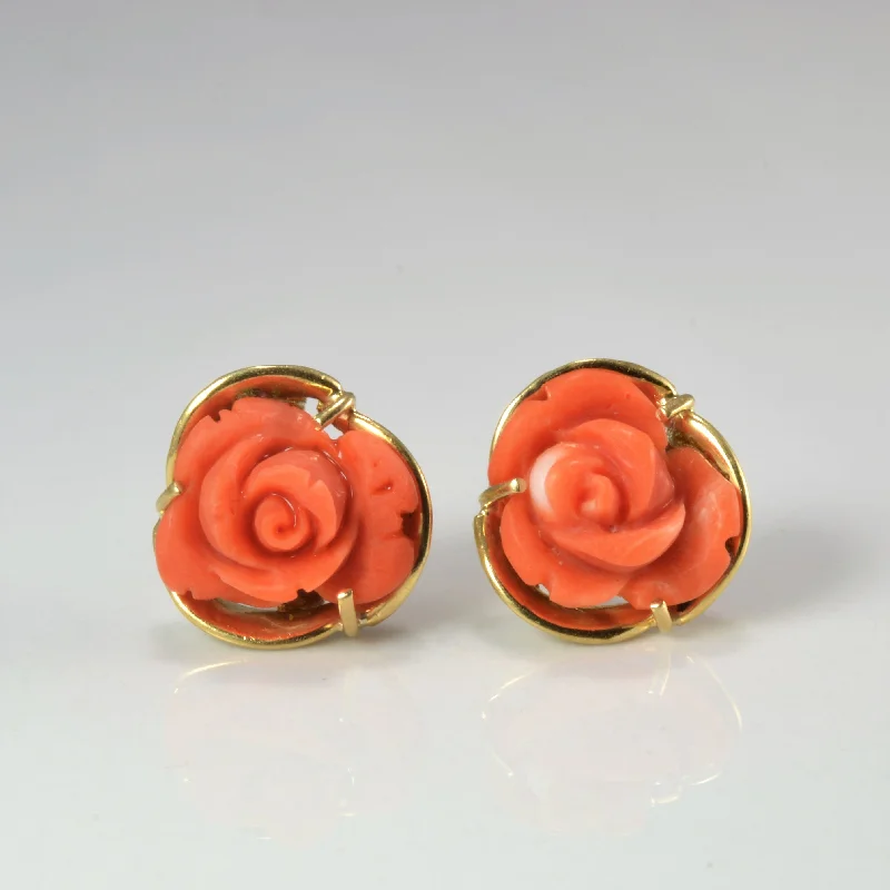 Leverback Stud Earrings for Comfort -Rose Carved Coral Stud Earrings