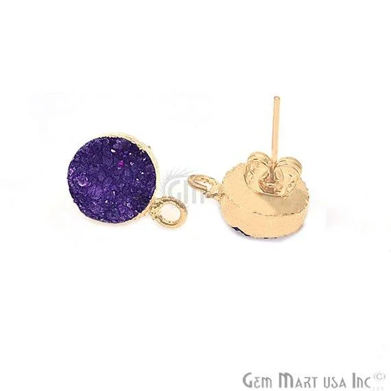 Stud Earrings for Formal Attire -Round Shape 10mm Gold Plated Loop Connector Druzy Stud Earrings 1Pair (Pick your Gemstone)