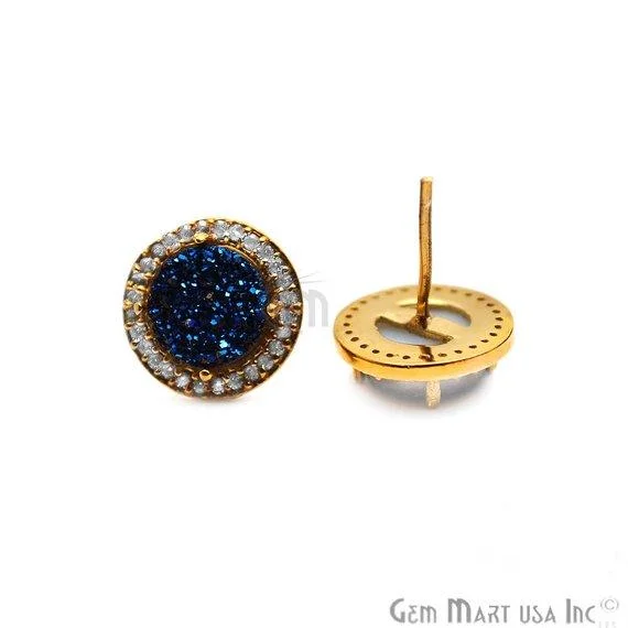 Stud Earrings with Leaf Motifs -Round Shape 8mm Gold Plated Cubic Zircon Druzy Stud Earrings (Pick your Gemstone) (90036-1)