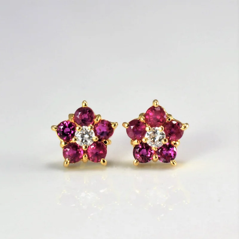 Ethnic Stud Earrings with Tribal Design -Ruby & Diamond Flower Stud Earrings | 0.10 ctw |