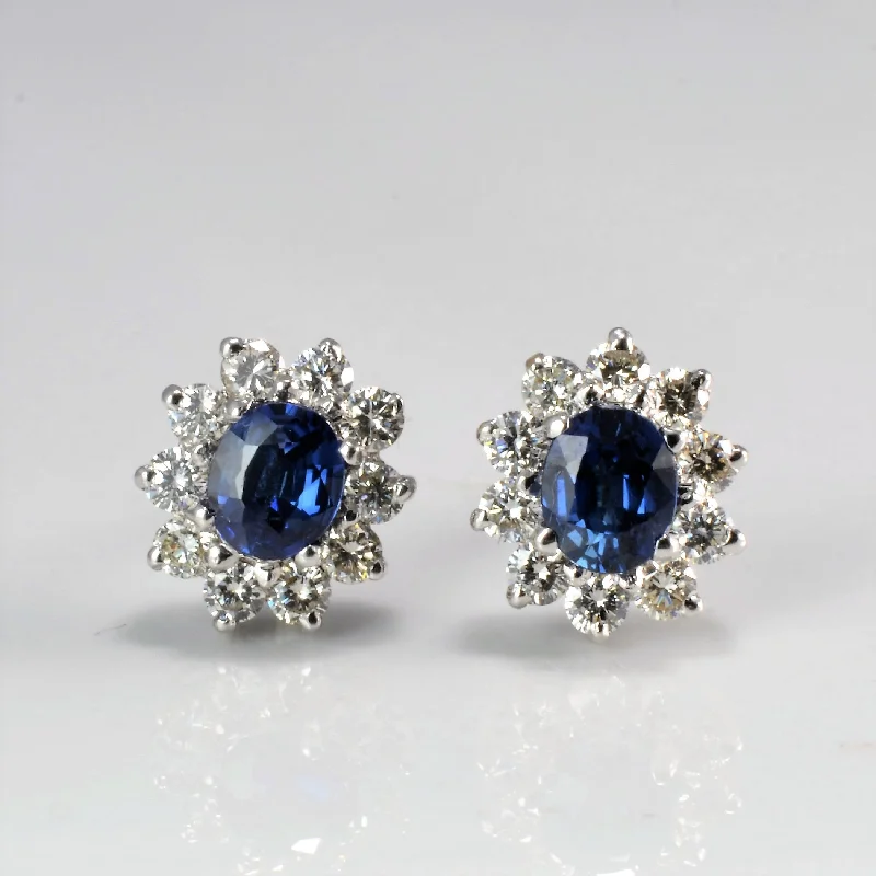 Magnetic Closure Stud Earrings for Easy -Sapphire & Diamond Cocktail Stud Earrings | 0.56 ctw |