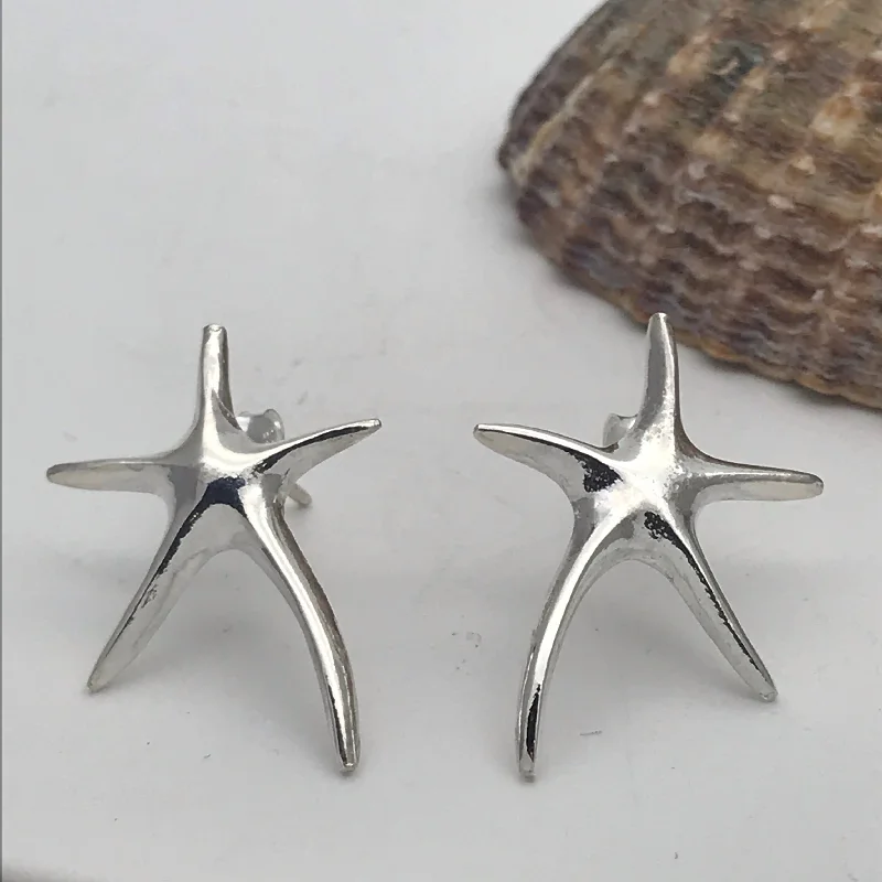 Crystal Stud Earrings for Sparkle -Sterling Silver Shiny Starfish Stud Earrings