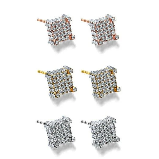 Screw Back Stud Earrings for Security -Silver Micro Pave Stud Earrings Clear Square 3D Sidestones