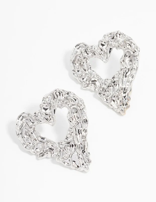 Stud Earrings with Crystals -Silver Molten Open Heart Stud Earrings