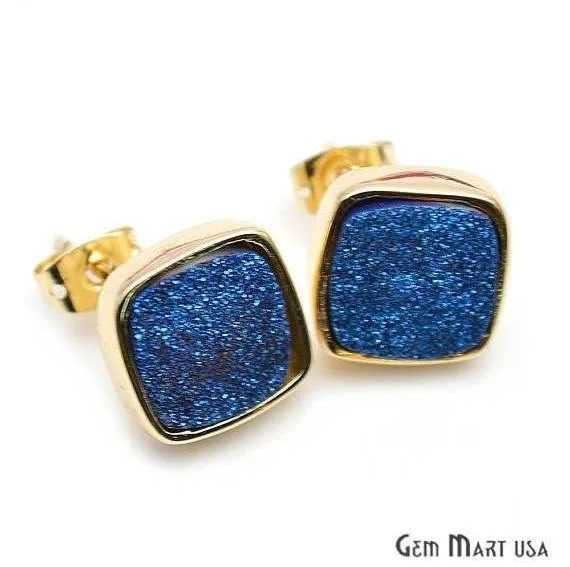 Stud Earrings for Travel Look -Square Shape 12mm Gold Plated Druzy Stud Earrings (Pick your Gemstone) (90002-1)