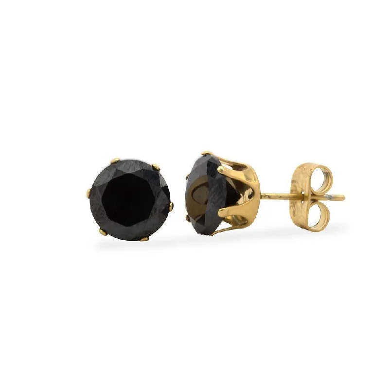 Stud Earrings with Wave Designs -Stainless Steel Ion Plated Gold Stud Earrings Black Cubic Zirconia Size 8