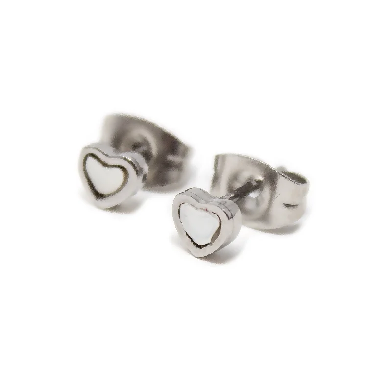 Stud Earrings with Debossed Designs -Stainless Steel 'Mother Of Pearl' Heart Stud Earrings