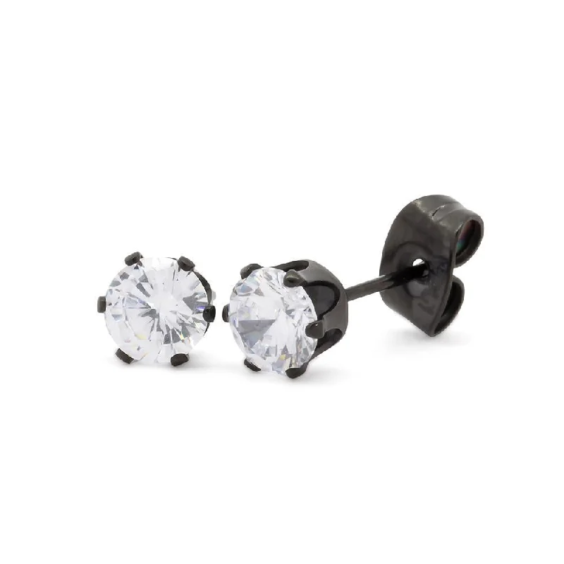 Stud Earrings with Crown Designs -Stainless Steel Round Clear Stud Earrings Black