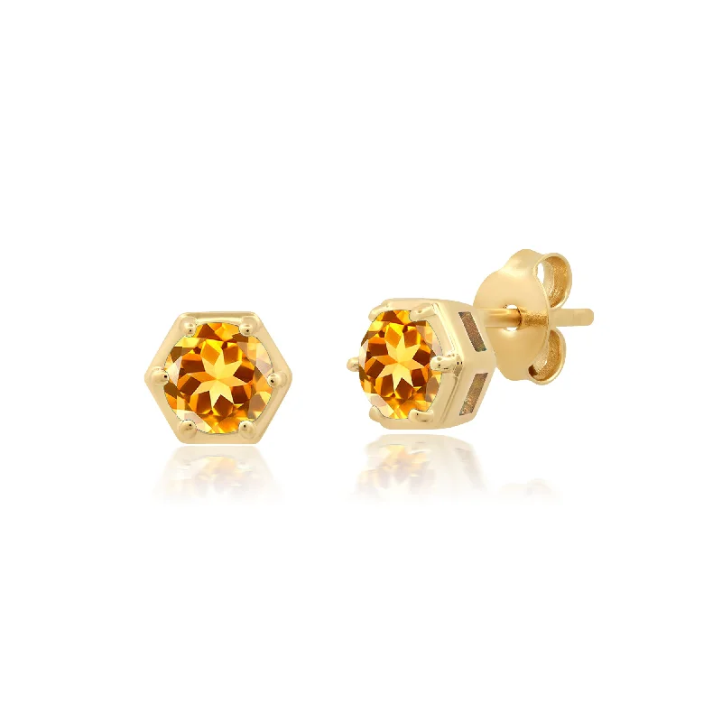 Stud Earrings with Vine Designs -Sterling Silver and 14k Yellow Gold Plated Round Cut 5mm Gemstone Hexagon Stud Earrings with Push Backs