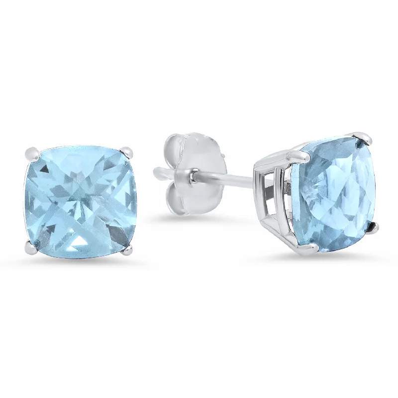 Stud Earrings with Filigree -Sterling Silver Cushion-Cut Checkerboard Gemstone Stud Earrings (8MM)