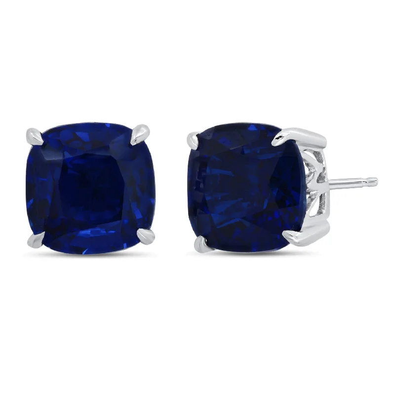 Indian Stud Earrings with Intricacy -Sterling Silver with 8mm Cushion Cut Created Blue Sapphire Stud Earrings