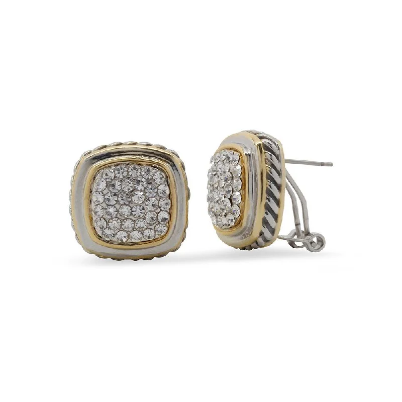 Stud Earrings with Keyhole Designs -Stud Earrings Two Tone Rounded Square Pave